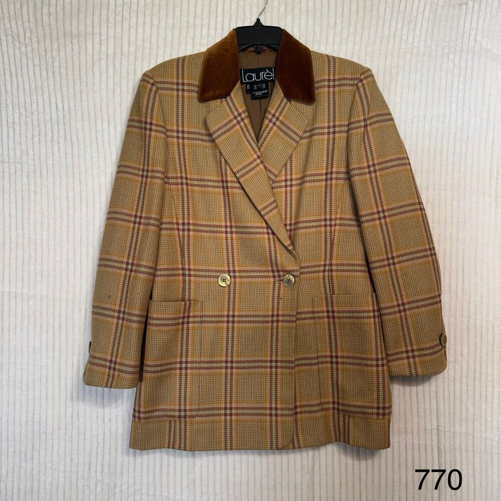 LAUREL 100% WOOL Tan Brown Plaid 2 Button Jacket Sz 36 Pockets Please‎ Read